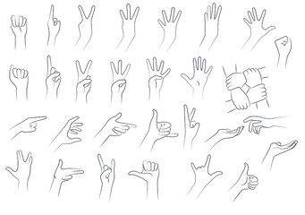 Minimalistic line illustration set of hands positions and gestures in black line on white background. 