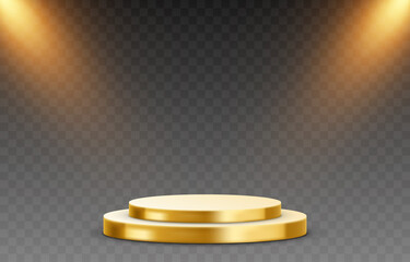Vector gold podium png. Golden pedestal on an isolated transparent background. Illuminated pedestal. Podium for advertising, podium for products. PNG.