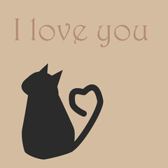 a black cat with a tail in the form of a heart sits on its back with the inscription I love you