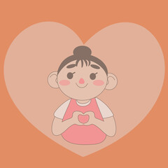 smiling girl showing with her hands a heart in an orange heart valentine