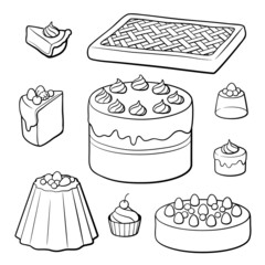 Set of outline black and white sweets. Cakes, pies, pudding, cupcakes with cream and berries. Vector illustration