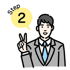 手順について説明をしているスーツを着た若い男性のバストアップ