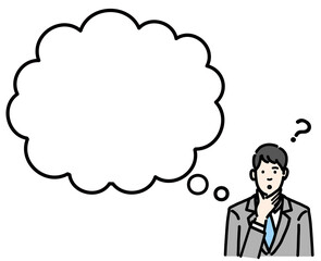 吹き出しで考えているスーツを着た若い男性のバストアップ
