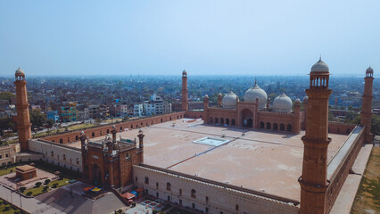 Aerial View to the Badshahi Mughal-era congregational Mosque in Lahore, Punjab province, Pakistan