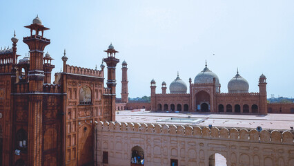 Aerial View to the Badshahi Mughal-era congregational Mosque in Lahore, Punjab province, Pakistan