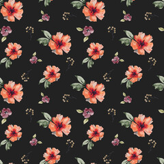 Seamless floral pattern with red flowers and leaves on a black background, hand painted in watercolor.	
