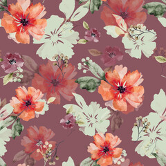 Seamless floral pattern with red and green flowers and leaves, hand painted in watercolor.	
