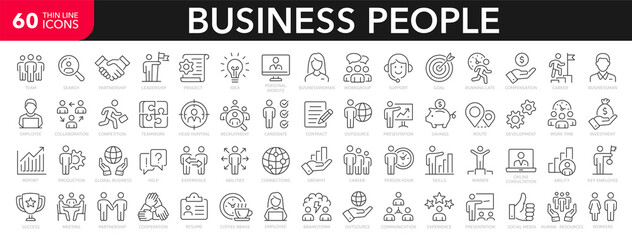 Business people line icons set. Businessman outline icons collection. Teamwork, human resources, meeting, partnership, meeting, work group, success, resume - stock vector. - obrazy, fototapety, plakaty