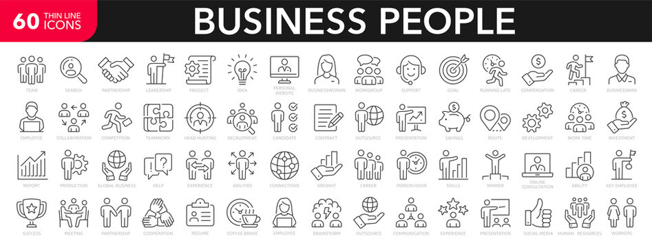Business people line icons set. Businessman outline icons collection. Teamwork, human resources, meeting, partnership, meeting, work group, success, resume - stock vector.