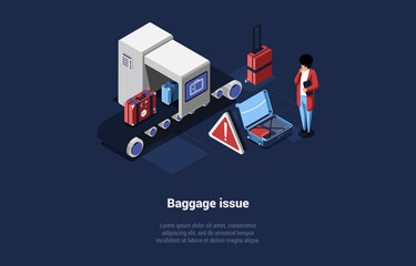 Vector Illustration. Cartoon 3D Style With Character. Isometric Composition On Baggage Problem Concept. Luggage Things Issue At Airport Line. Person Standing. Suitcases, Attention Sign, Infographics