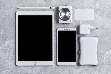 Flat lay with equipment for photographer,freelancer, blogger or designer
