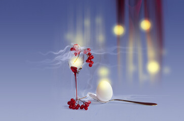 Still life with guelder rose in a glass. Still life with white egg. Surreal still life.