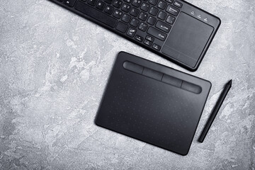 Flat lay with equipment of designer, work space