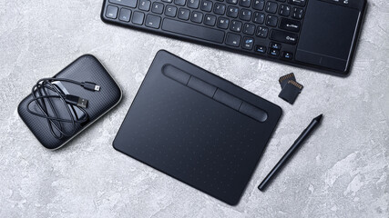 Flat lay with equipment of designer, work space