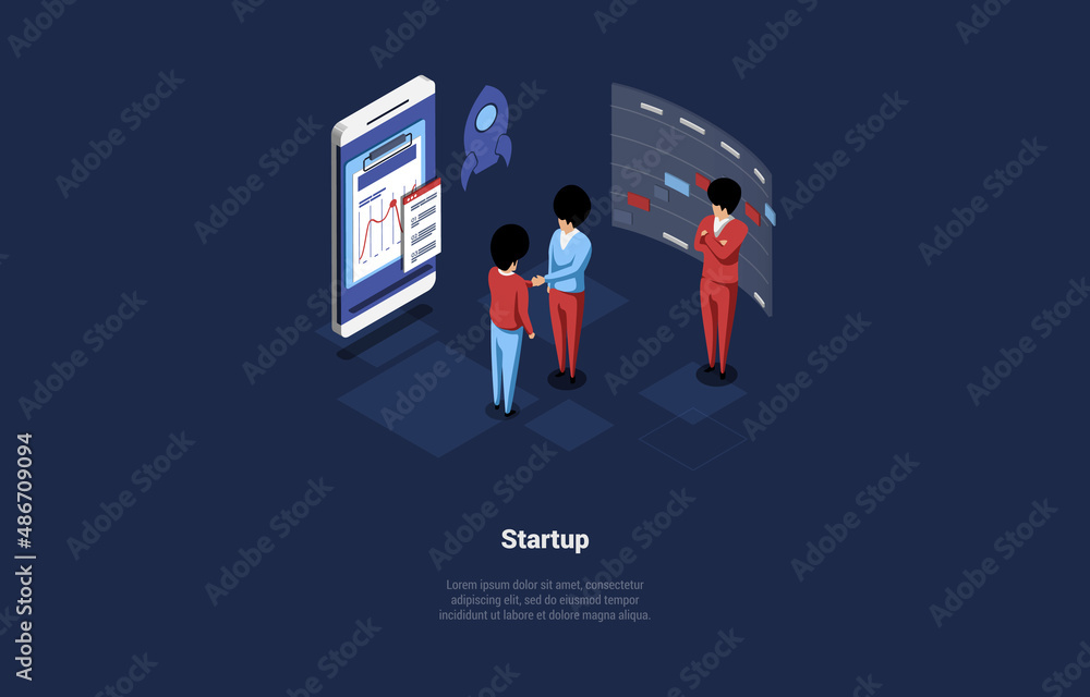 Poster vector illustration. cartoon 3d style with character. isometric composition on business startup idea