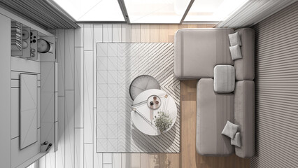 Architect interior designer concept: hand-drawn draft unfinished project that becomes real, living room, parquet, sofa, carpet, table, television, window. Top view, plan, above