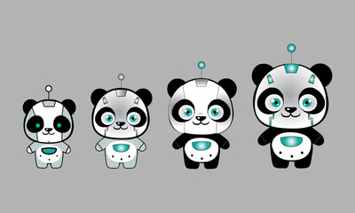 Cute variety type of panda robot, Flat Cartoon  Icon Illustration. Animal Technology  Flat Icon Cartoon Style, Collection set and a pack of Cute cartoon robot machine panda in flat style illustration