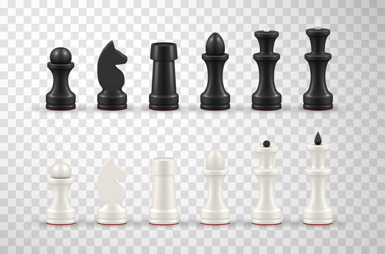 Realistic black and white all chess pieces set in row 3d template vector illustration