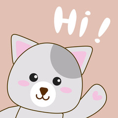 Cute cat says hello. An image for a children's postcard, holiday invitations, greetings, decoration of a children's room. Flat style illustration for cover design, notebooks, mugs, fabrics