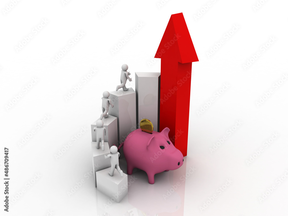 Poster 3d rendering pig coin bank with business graph