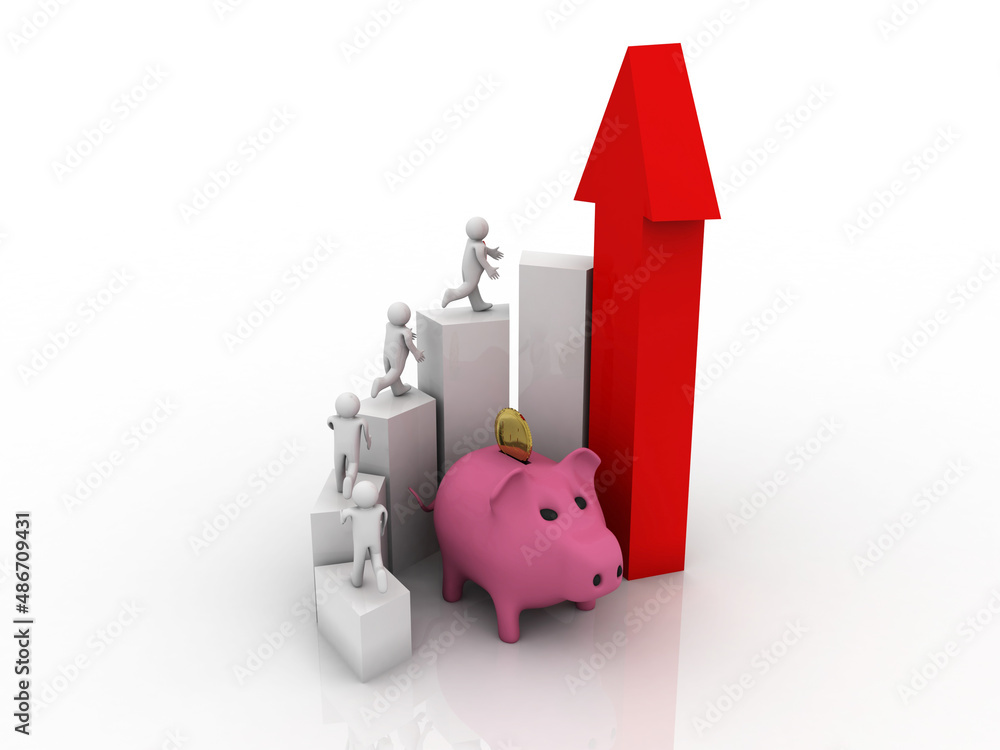 Poster 3d rendering pig coin bank with business graph