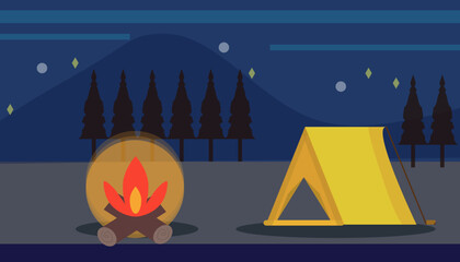 キャンプ ・キャンプファイヤー 風景イラスト ベクター