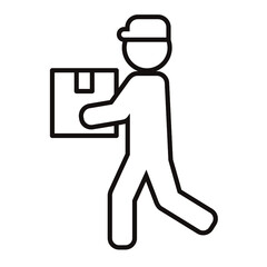 段ボール箱を運ぶ作業員のシンプルな線画アイコン/白背景