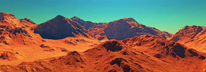 Obraz premium Mars planet landscape scenery, 3d render of imaginary mars planet terrain, orange desert with mountains, realistic science fiction illustration.