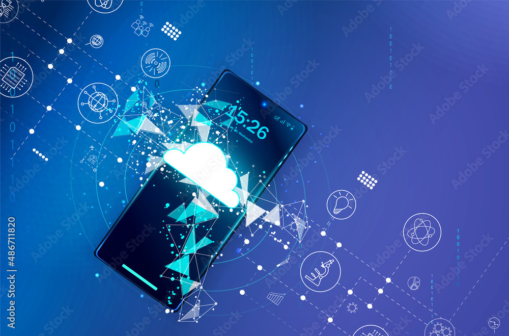 Poster the concept of cloud computing. secure data exchange on a smartphone. illustration of cloud technolo