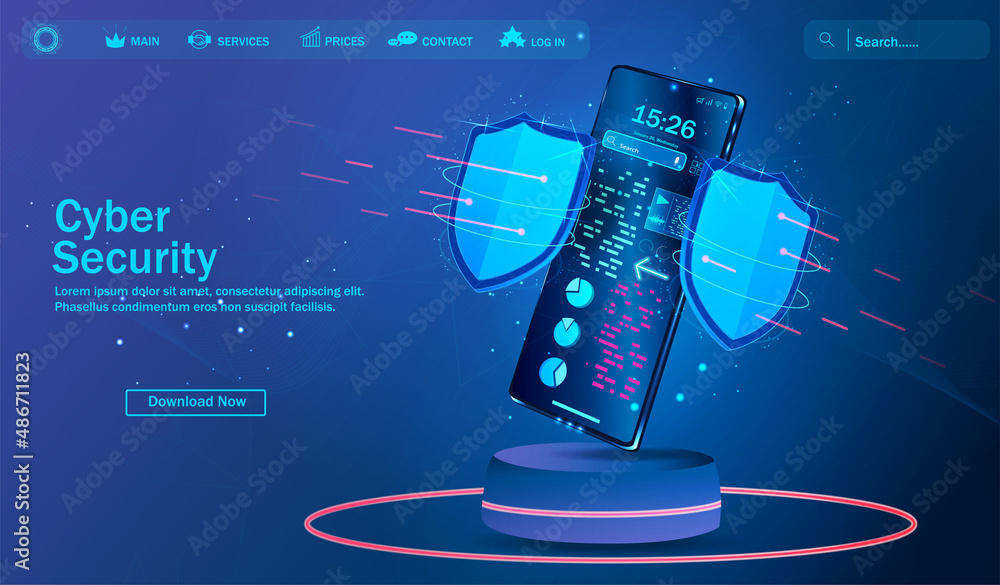 Poster isometric vector illustration of mobile data security. a smart application protects your smartphone 