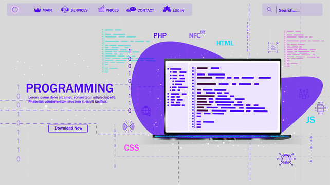 Software, web development, programming concept. Abstract programming language and program code on a laptop screen. Web development, coding, and programming. Vector illustration.