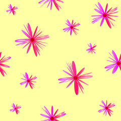 Two tone pink and red starburst flowers on a yellow background. It is a seamless vector pattern work.
