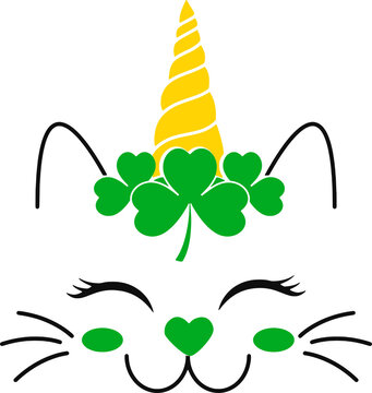 Cat Face St Patrick's day Unicorn Shamrock Clover Horn
