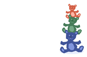 3 lovely teddy bears in 3 color, funny teddy bear doll on white background, teddy bear dolls stack on white background vector, cute teddy bear character vector, flat design of colorful bear vector.