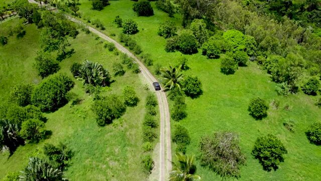Aerial view of a car driving by dirt road in Mauritius mountains