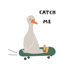 Funny goose riding a skateboard. Kids graphic. Vector hand drawn illustration.
