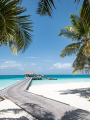 Fototapeta na wymiar Panoramic travel landscape of Maldives beach. Tropical panorama, luxury water villa resort with wooden pier or jetty, blue sky. Luxury honeymoon destination background, summer holiday and vacation