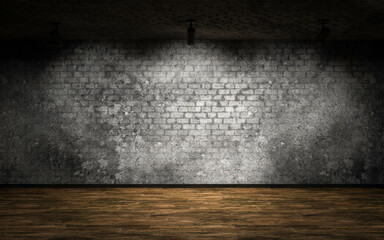 empty industrial studio interior with concrete brick wall wood floor and spot lights 3d render illustration