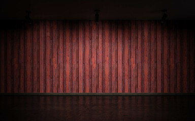 empty industrial style studio red wood tile plank wall and dark concrete floor with reflections and spot lights 3d render illustration