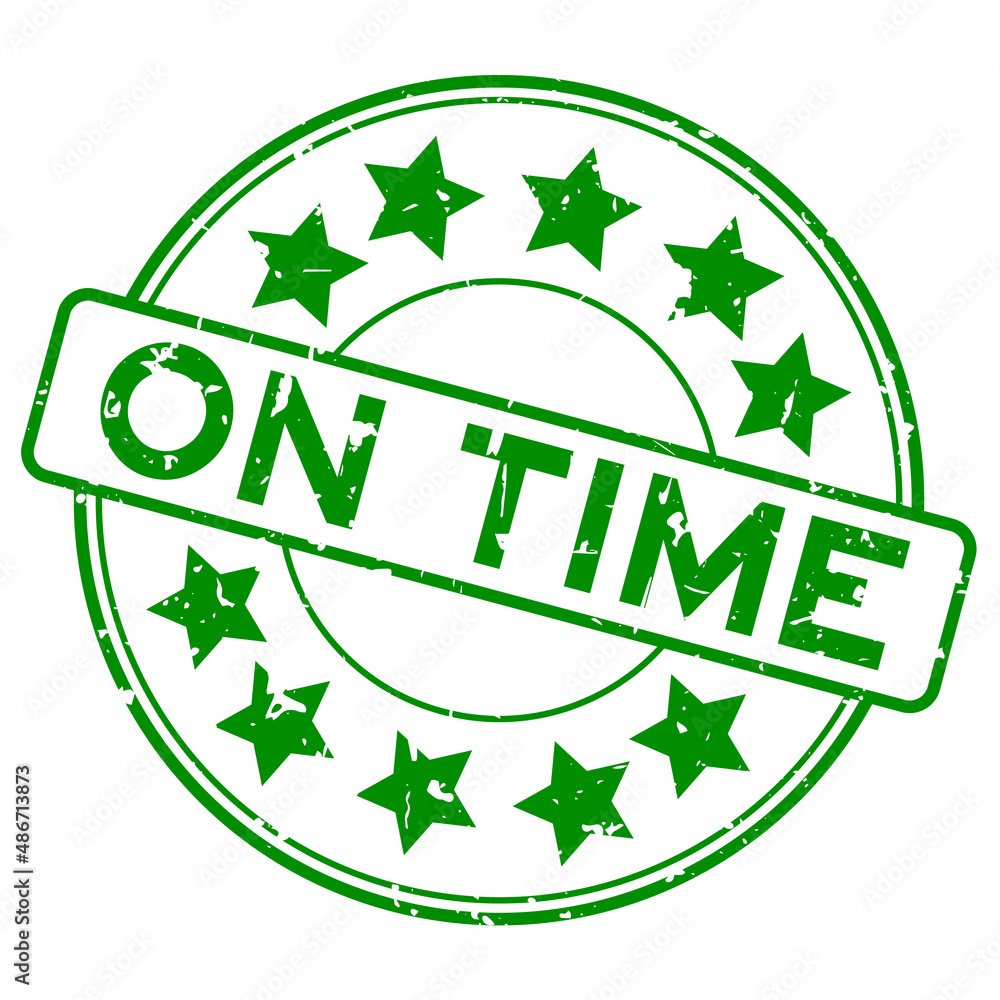 Sticker Grunge green on time word with star icon round rubber seal stamp on white background