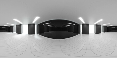 360 degree full panorama environment map of empty black and white production hall laboratory science lab technology office 3d render illustration hdri hdr vr virtual reality