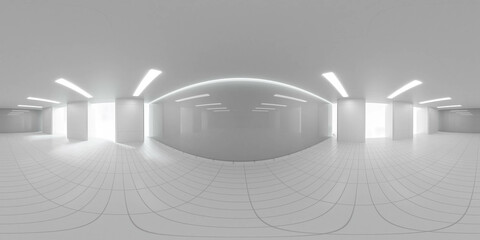 360 degree full panorama environment map of empty white production hall laboratory science lab technology office 3d render illustration hdri hdr vr virtual reality
