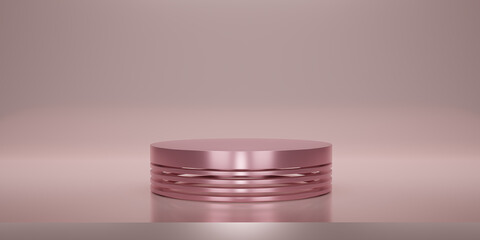 Shiny pink round pedestal or podium  with studio  backdrops. Blank display or clean room for showing product.Copy space for texts. Minimalist mockup for podium display or showcase. 3D rendering.
