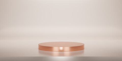 Shiny orange round pedestal or podium on cream studio backdrops. Metallic orange or Peach Pink  Blank display or clean room for showing product. Minimalist mockup for podium display. 3D rendering.