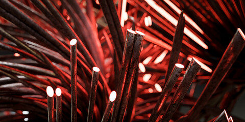 copper bronze metal cable with glowing cut red light 3d render illustration - obrazy, fototapety, plakaty