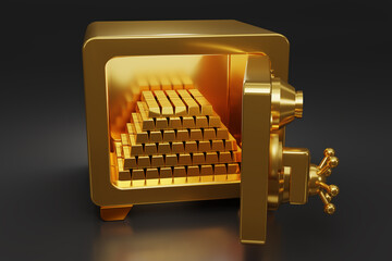 3D render gold bars in golden safe box  on dark background. Opened vault box. Realistic metal safe. Close security metal safe. 3d rendering illustration.