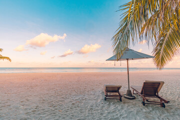 Panoramic tropical sunset scenery, two sun beds, loungers, umbrella under palm tree. White sand, sea horizon view colorful sunrise sunset sky calm relax mood. Summer couple vacation beach resort hotel