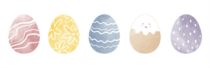 Painted watercolor Easter eggs set, paschal vector illustrations collection. Colorful  watercolor egg shape backgrounds. Greeting card hand drawn templates with cute floral, geometric patterns. 