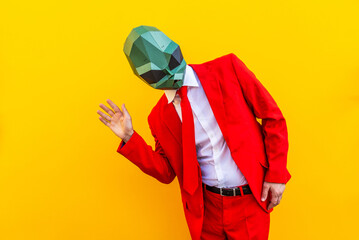 Cool man wearing 3d origami mask - Funny creative portrait of cool character with costume,...