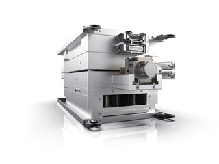 3D render of plastic moulding machine. Plastic injection moulding.Cups, boxes, toolboxes. The production process for Plastic injection mold. Used for the forming of plastic parts